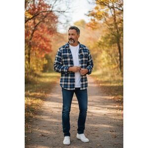 ORVIS‎ Men's Plaid Long Sleeve Button Down Flannel Shirt Blue Cream M